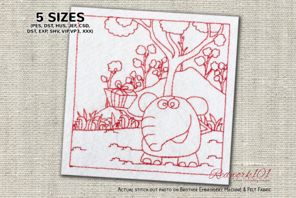 Elephant Holding Gift Box Redwork